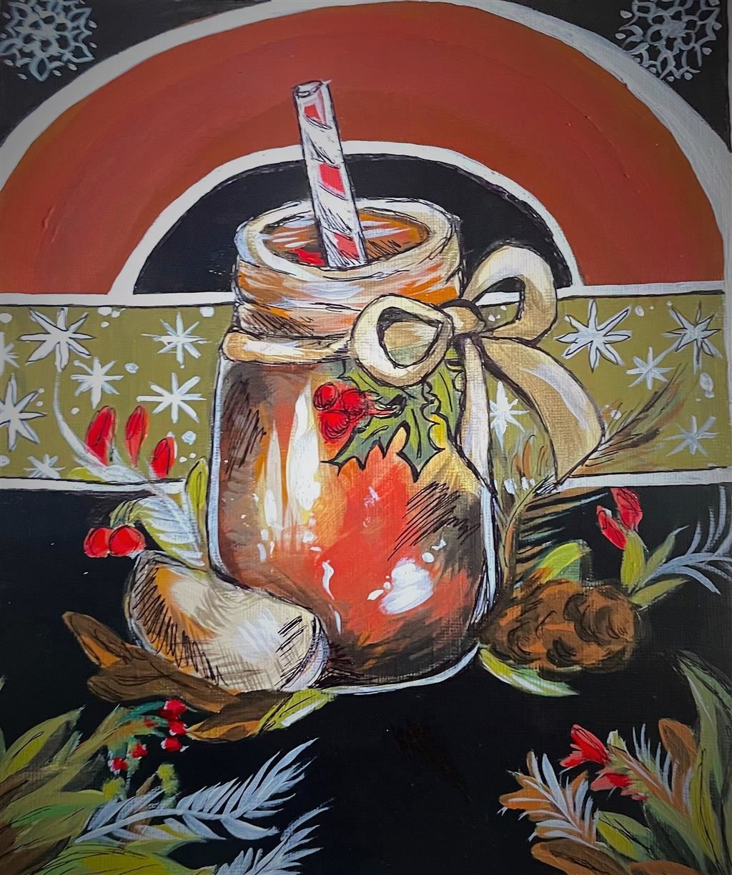 Holiday scene of mason jar with a drink and with a red and white straw.